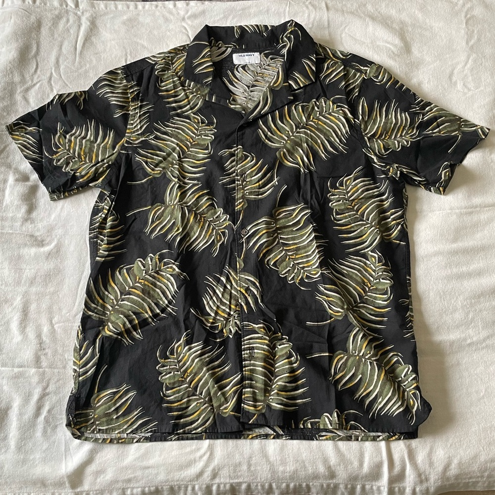 Black with Green Fern Leaves Button Down